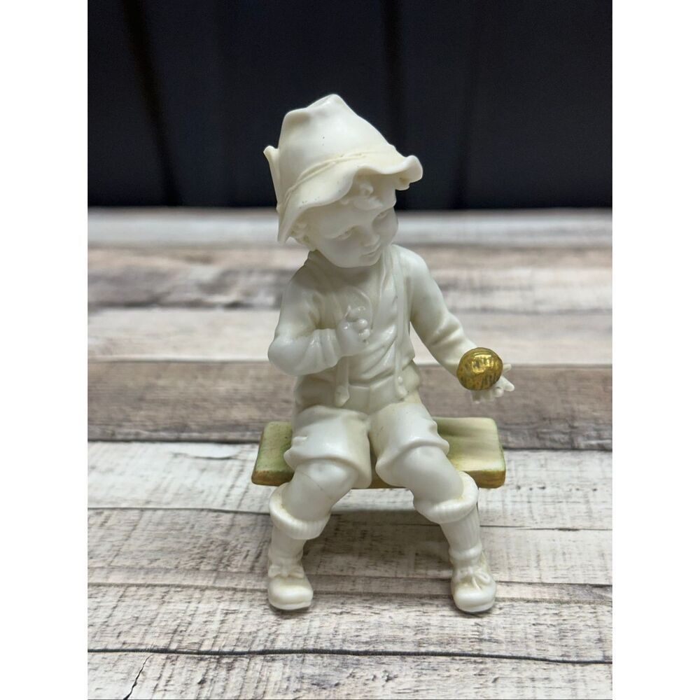 Vintage Sitzendorf German Bisque Porcelain Boy Figurine Seated on Bench 7336